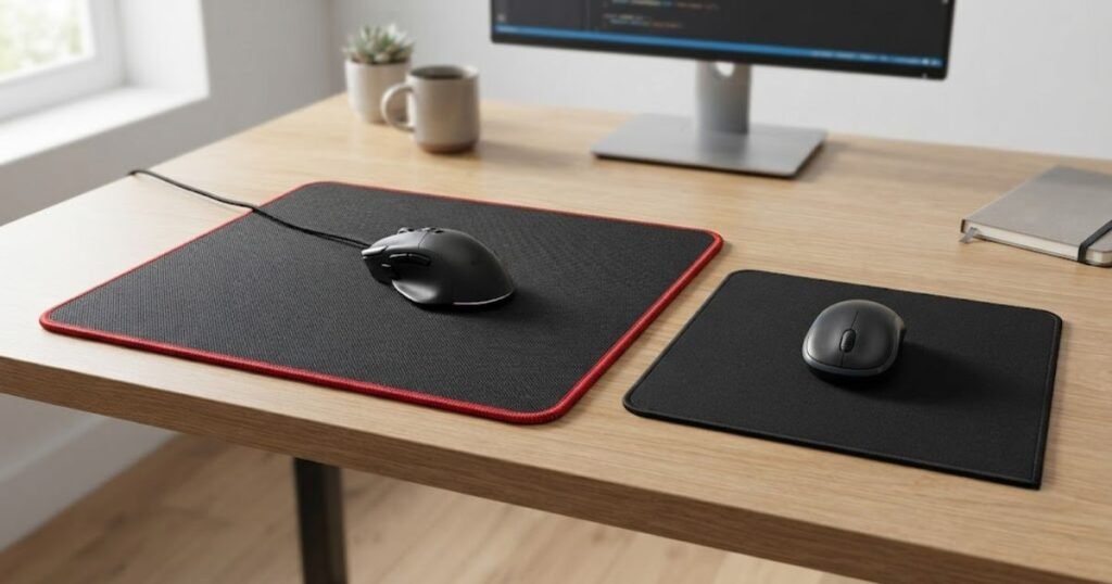 A large gaming mouse pad and smaller office mouse pad placed side by side with computer mice