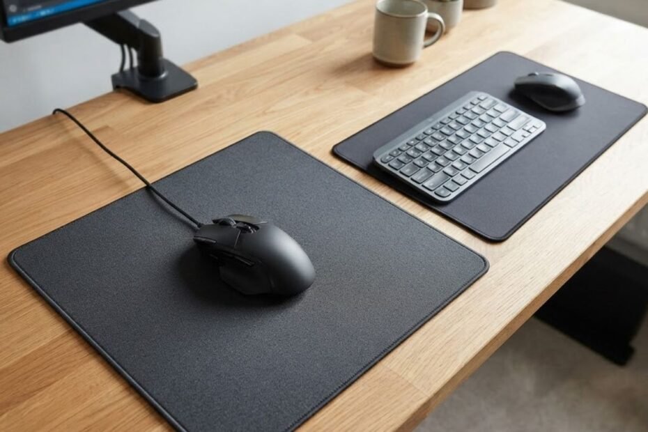 A large gaming mouse pad beside a smaller office mouse pad with mice on a modern desktop