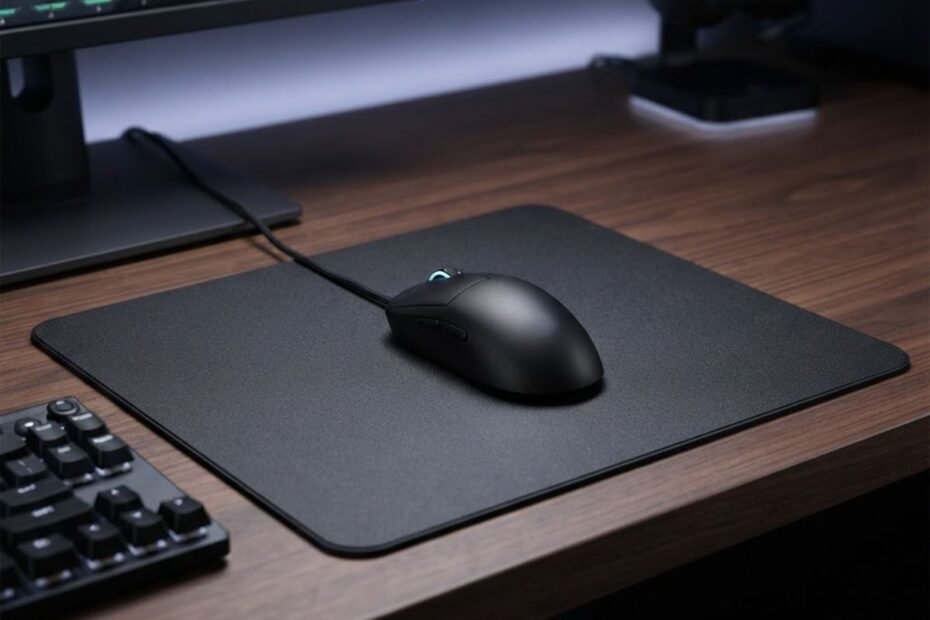 Black gaming mouse resting on a rigid hard mouse pad on a modern gaming desk
