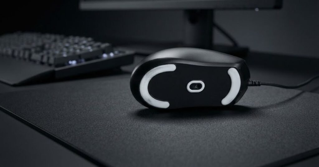 Gaming mouse feet contacting a rigid black hard mouse pad