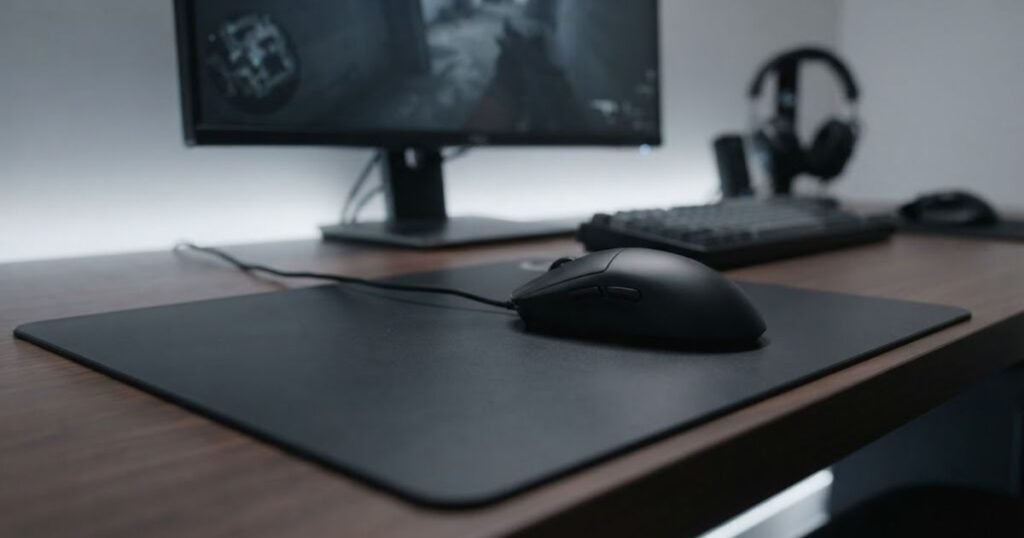 Gaming mouse positioned on a smooth hard mouse pad during a fast tracking movement
