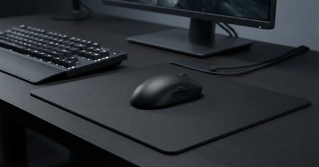 Gaming mouse and keyboard on a rigid hard mouse pad in an FPS setup