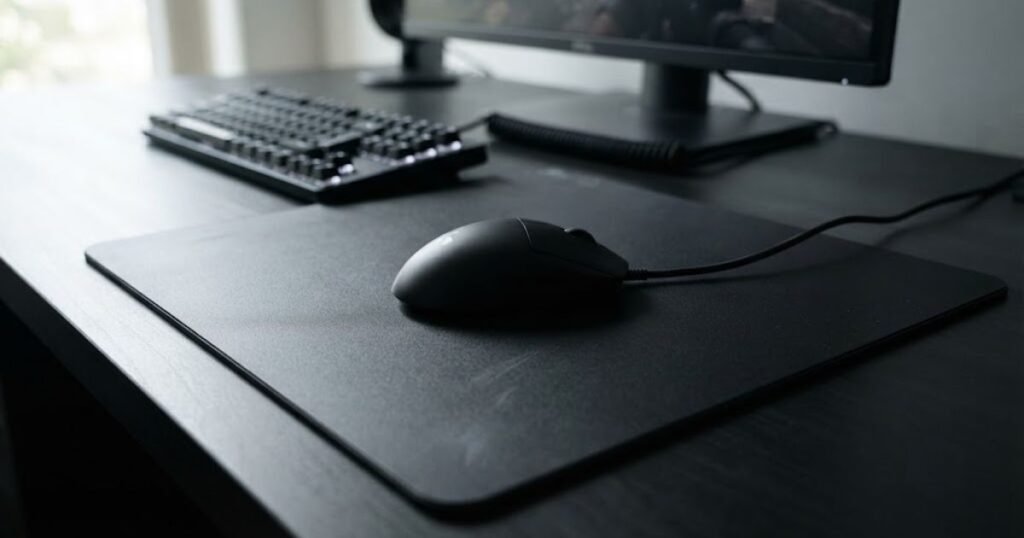 Gaming mouse positioned on a large hard mouse pad for wide FPS movements