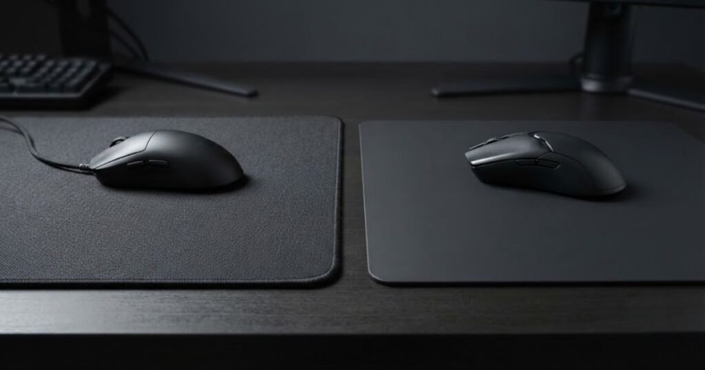 A gaming mouse on a textured cloth pad beside a gaming mouse on a smooth hard pad