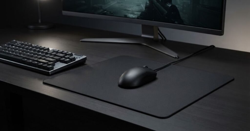 Gaming mouse and keyboard arranged around a rigid hard mouse pad on a gaming desk