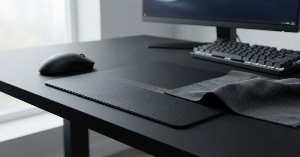 Black hard gaming mouse pad with a microfiber cloth for surface cleaning