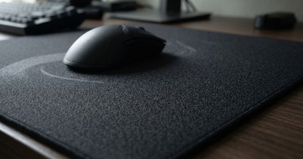 Close-up view of the textured fabric surface of a control gaming mouse pad