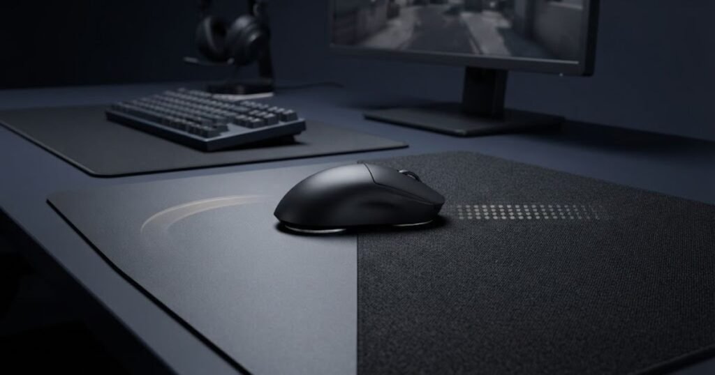 Gaming mouse and mouse pad illustrating differences between fast and slow surface feel