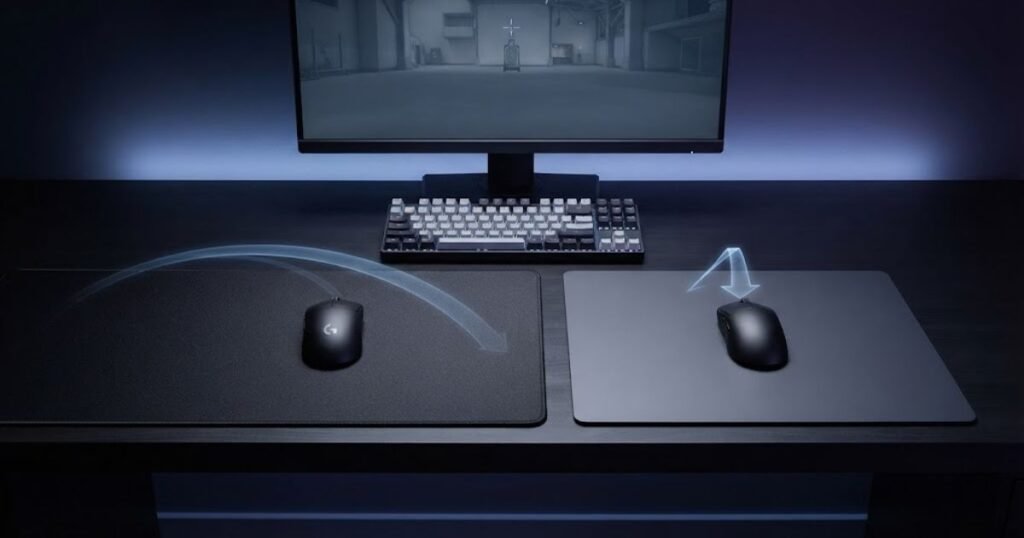 Gaming mice shown with different physical movement ranges on cloth and hard mouse pads