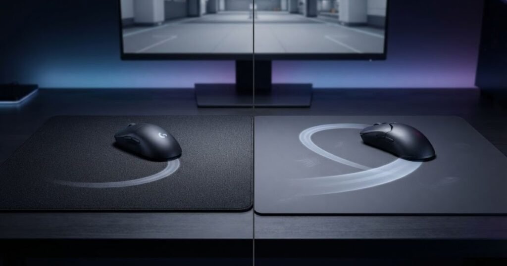 Gaming mice shown moving across textured cloth and smooth hard mouse pad surfaces