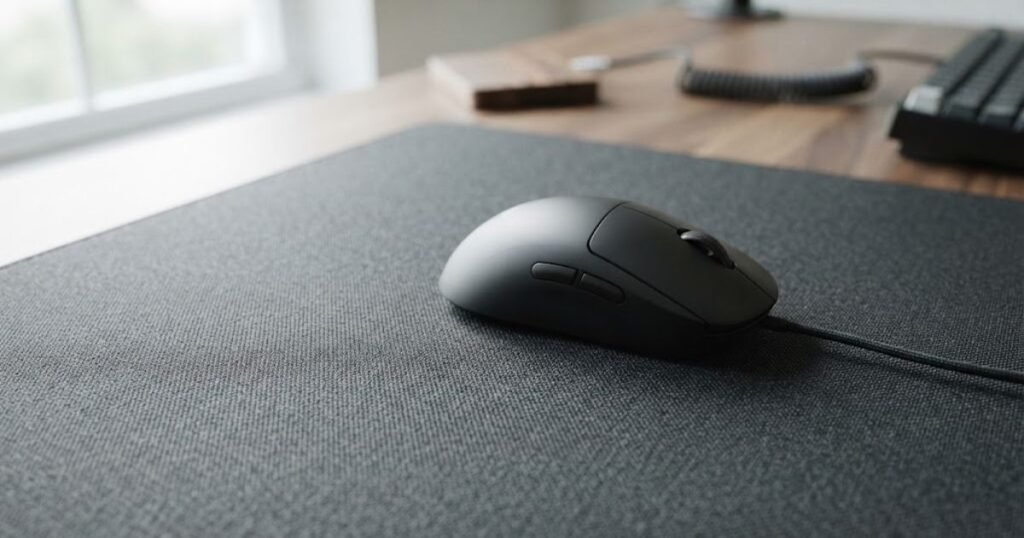 Computer mouse moving across a continuous gaming mouse pad surface