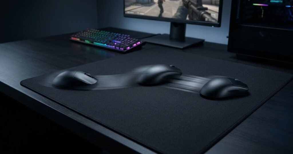 Gaming mouse positioned for different FPS aiming movements on a large mouse pad