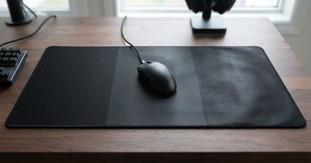 A black cloth mouse pad showing fresh, broken-in, and worn surface areas with a gaming mouse in the center.