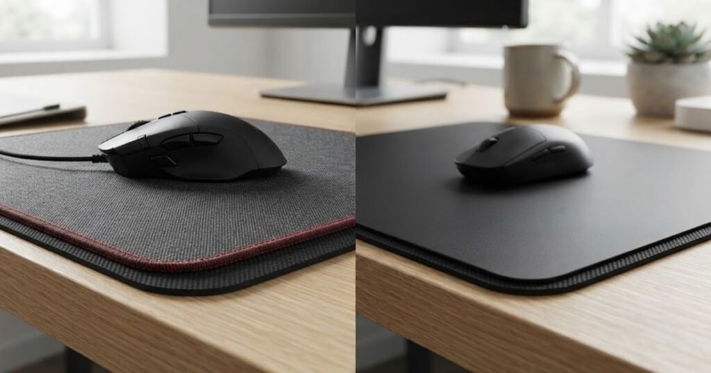 Close-up comparison of a textured gaming mouse pad and smooth office mouse pad with computer mice