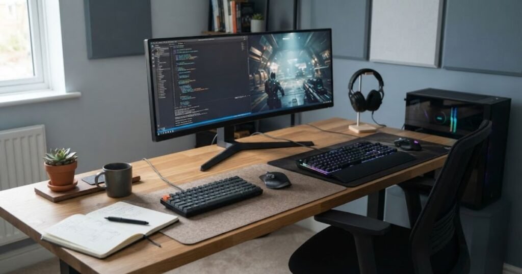 A modern desk setup combining office work equipment with a gaming mouse pad