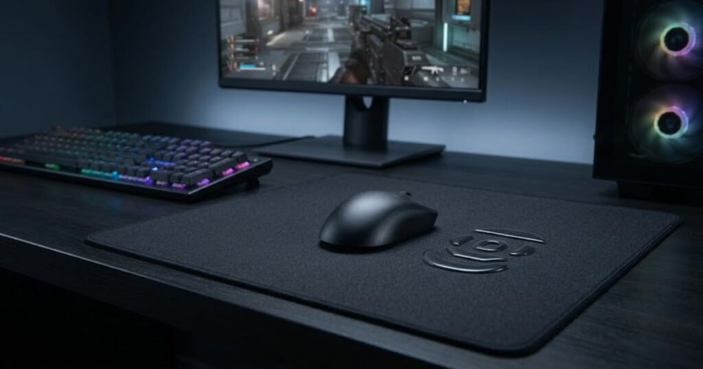 Gaming mouse, replacement mouse skates, and large mouse pad on a gaming desk