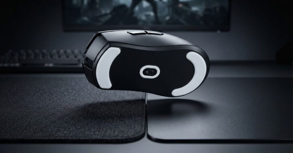 The underside of a gaming mouse with white PTFE feet positioned above cloth and hard mouse pad surfaces