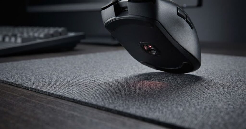 Optical sensor underneath a gaming mouse positioned above a textured mouse pad