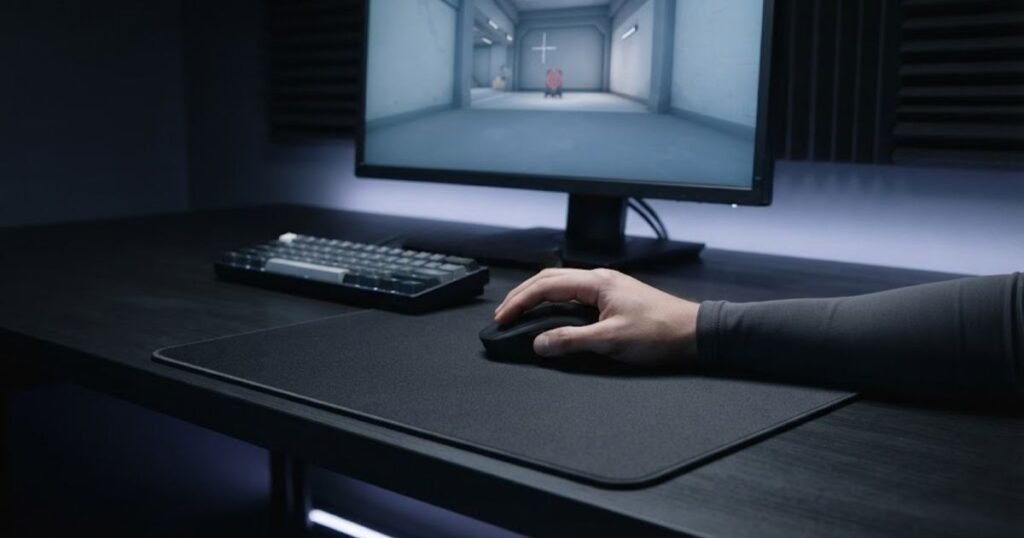 A gaming mouse on a large mouse pad positioned toward a precise target on a competitive FPS monitor