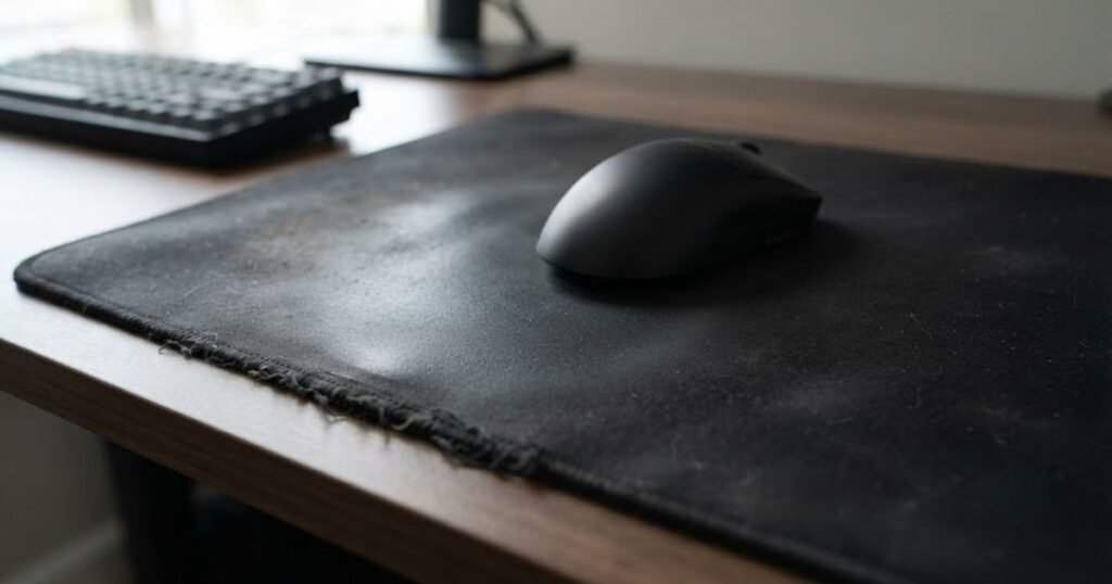 A black cloth gaming mouse pad with a worn active area, uneven texture, mild discoloration, and frayed edge.