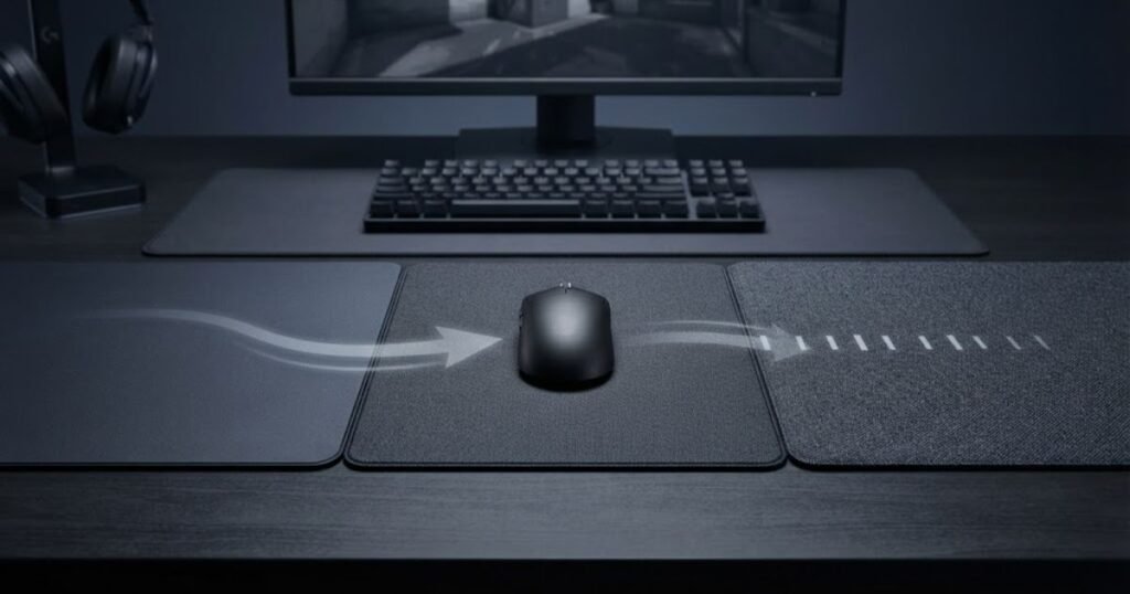Three mouse pad surfaces representing speed, control, and balanced options for Valorant