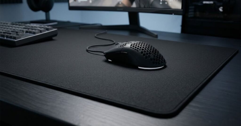 Gaming mouse gliding across a large black speed mouse pad