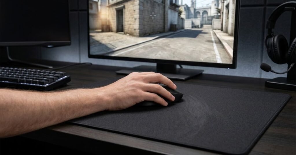 Player moving a gaming mouse across a large speed mouse pad during FPS gameplay