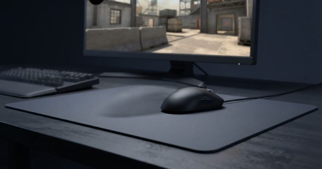 Gaming mouse making a large movement across a smooth speed mouse pad for CS2
