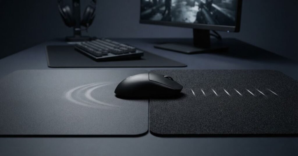 Gaming mouse shown on speed and control mouse pad surfaces side by side