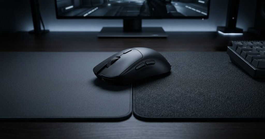 Black gaming mouse positioned across smooth and textured mouse pad surfaces