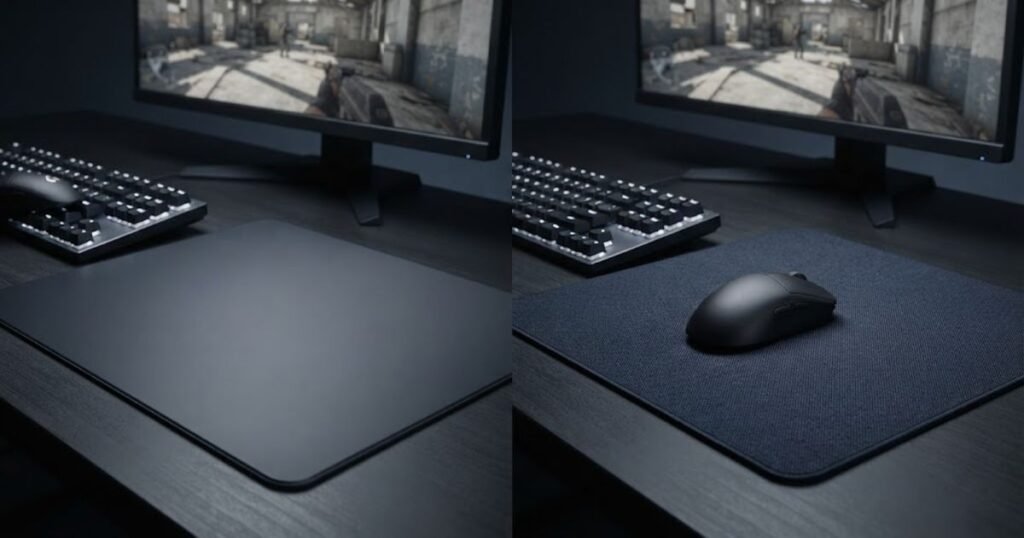 Side-by-side gaming mice on speed and control mouse pad surfaces for CS2