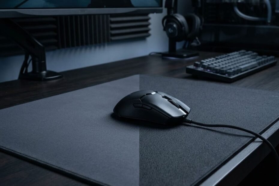 Gaming mouse positioned on a large mouse pad showing contrasting surface textures for speed and control