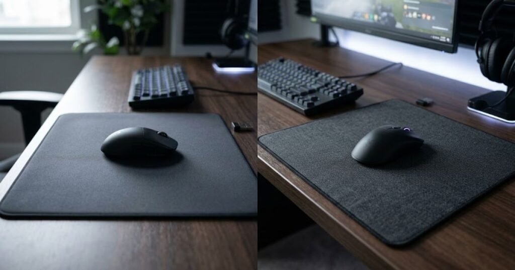 Two gaming mice on speed and control mouse pad surfaces