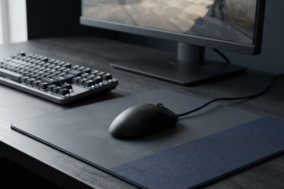 Gaming mouse on a mouse pad representing speed and control surfaces for CS2 aiming