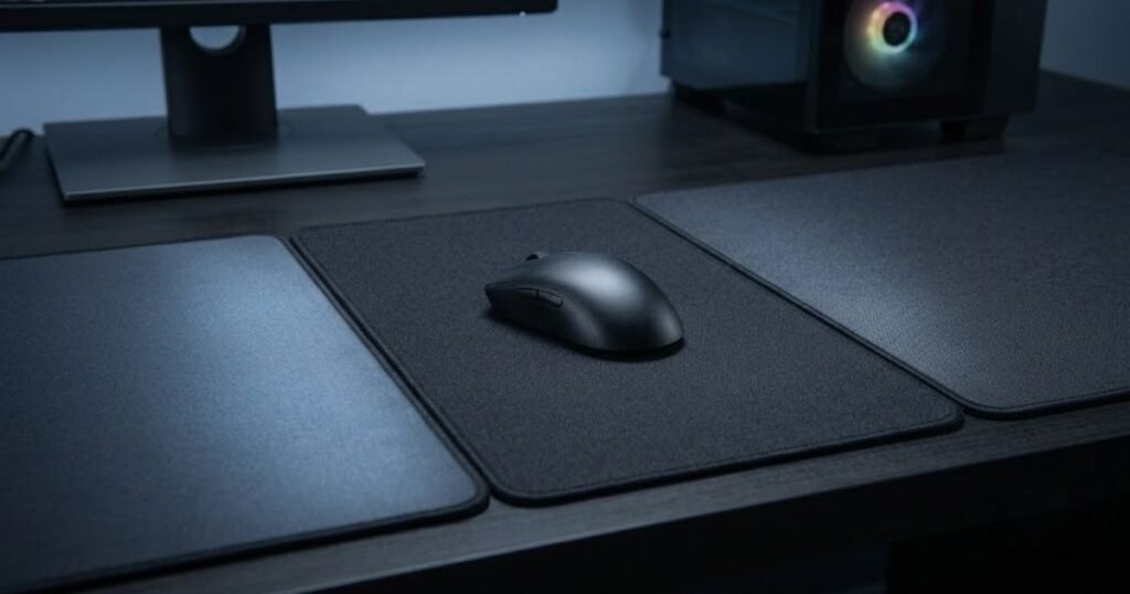 Three gaming mouse pads with smooth, textured, and intermediate surface appearances
