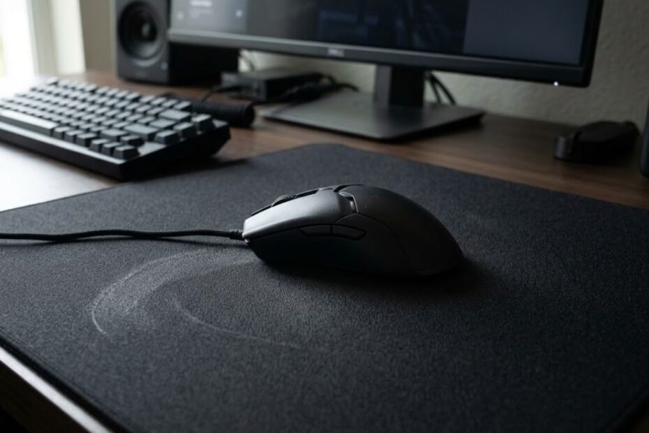 Black gaming mouse resting on a large control mouse pad with a textured surface