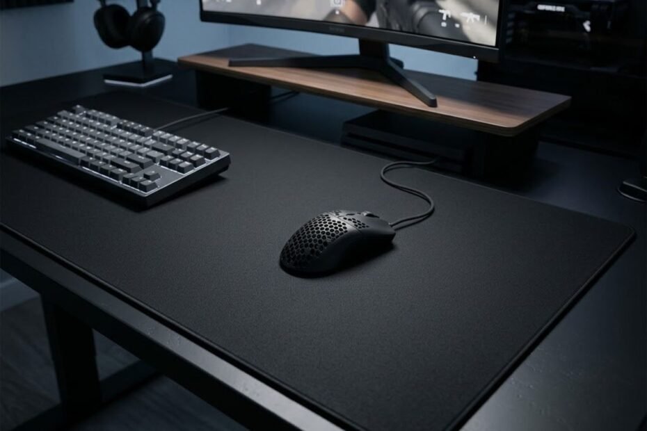 A black speed gaming mouse pad with a gaming mouse on a modern desk