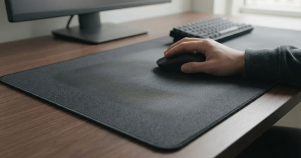 Gaming mouse on a mouse pad with a visibly worn central area